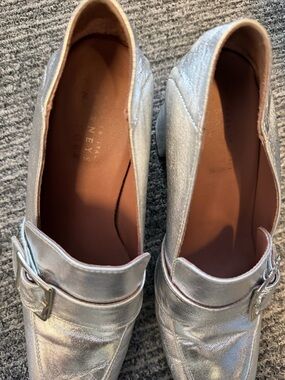 Barneys New York Metallic Silver Buckle Loafers